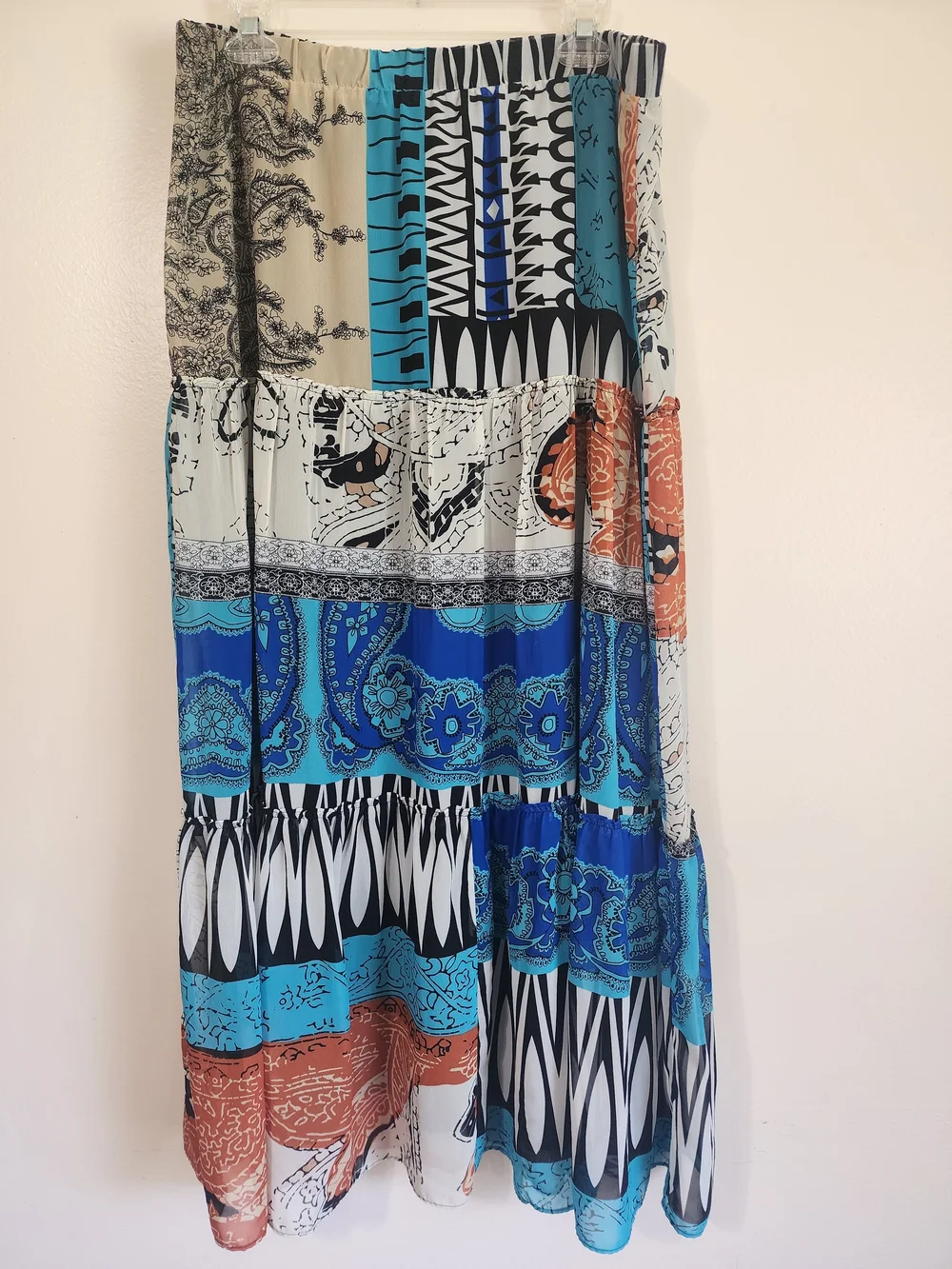 Bohemian Tiered Maxi Skirt in Rust, Teal & Cream